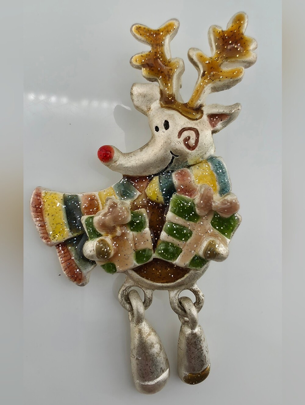 Vintage AJMC Reindeer Christmas Brooch Enamel Gifts Dangle Legs Holiday Pin